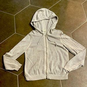 Eileen Fisher Gray Open Weave Hoodie Zip Front Sweater M